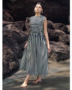 Black White Stripes Cotton Linen Skirt