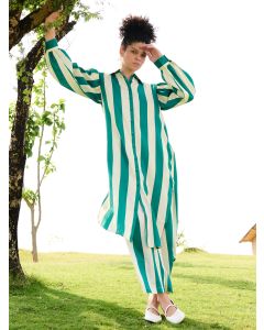 Green Striped Cotton Linen Kurta with Pants- Set of 2