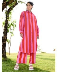 Pink Striped Cotton Linen Kurta with Pants- Set of 2