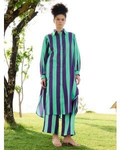 Purple Green Striped Cotton Linen Kurta with Pants- Set of 2