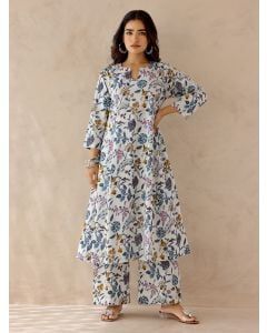 White Blue Printed Cotton Kurta with Pants- Set of 2