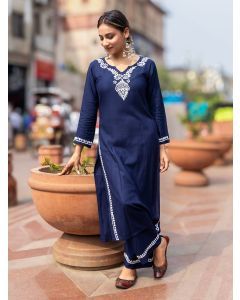 Navy Blue Embroidered Cotton Blend Kurta with Pants - Set of 2