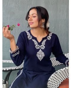 Navy Blue Embroidered Cotton Blend Kurta with Pants - Set of 2
