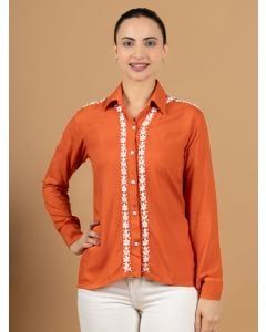 Orange Embroidered Cotton Blend Shirt