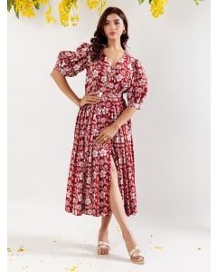 White Red Hand Block Printed Cotton Dress