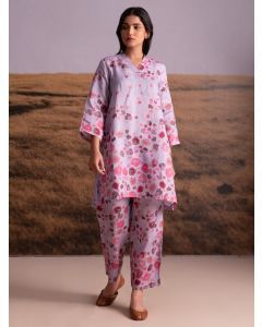 Lavender Printed Hemp Kurta with Pants- Set of 2