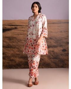 Cream Printed Hemp Kurta with Pants- Set of 2