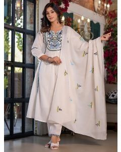 White Embroidered Cotton Suit - Set of 3