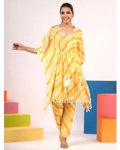 Yellow Printed Muslin Tunic with Pants - Set of 2