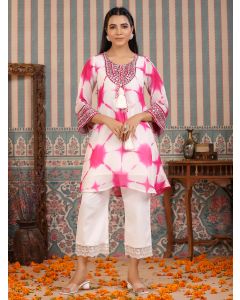 White Pink Shibori Dyed Organza Tunic with Pants - Set of 2