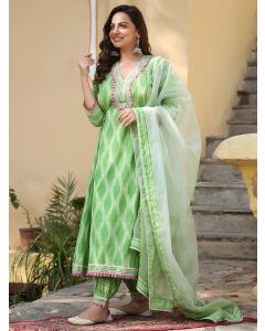 Green White Printed Cotton Embroidered Anarkali Suit with Organza Dupatta - Set of 3