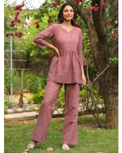 Brown Embroidered Cotton Co-ord Set - Set of 2