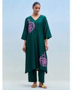 Green Hand Block Printed Chanderi Kurta with Pants- Set of 2