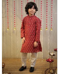 Maroon Hand Block Printed Cotton Mulmul Kurta with Pajama - Set of 2