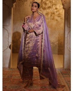 Purple Thread Embroidered Tissue Suit - Set of 3