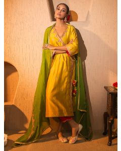 Mustard Yellow Aari Embroidered Chanderi Angrakha Suit - Set of 3