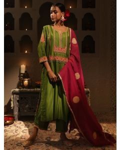 Mehendi Green Aari Embroidered Chanderi Suit - Set of 3