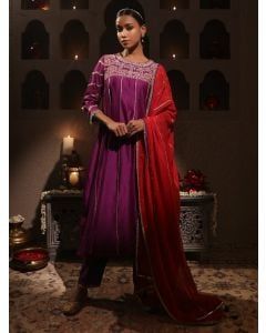 Purple Aari Embroidered Chanderi Suit - Set of 3