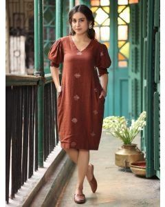 Brown Handwoven Jamdani Cotton Dress