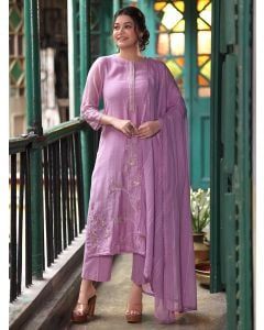 Purple Hand Embroidered Chanderi Cotton Suit - Set of 3