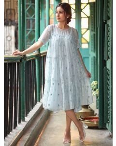 Blue Embroidered Chanderi Cotton Dress