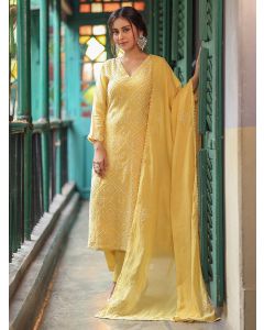 Yellow Hand Embroidered Chanderi Cotton Suit - Set of 3