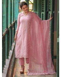 Pink Hand Embroidered Chanderi Cotton Suit - Set of 3