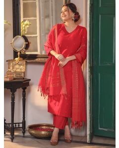 Red Zari Woven Cotton Suit - Set of 3