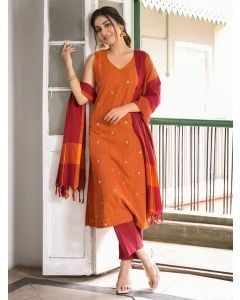 Rust Zari Woven Cotton Suit - Set of 3