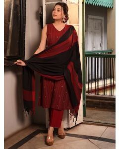 Maroon Zari Woven Cotton Suit - Set of 3