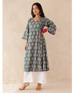 Blue Printed Cotton Kurta with Pants- Set of 2