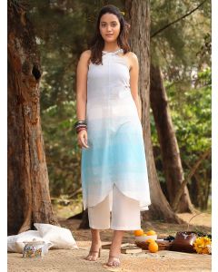 White Blue Striped Cotton Kurta with Pants- Set of 2