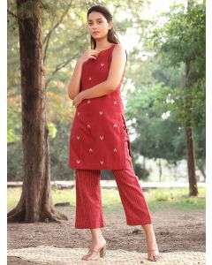 Red Cotton Woven Kurta with Pants- Set of 2