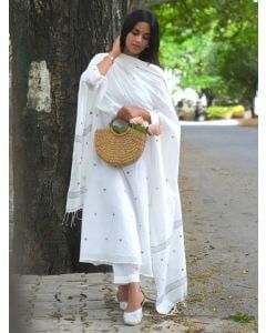 Off White Handwoven Cotton Jamdani Suit - Set of 3