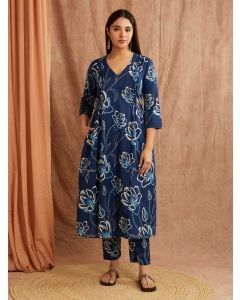Blue Printed Cotton Kurta with Pants - Set of 2