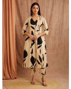 Beige Black Printed Cotton Kurta with Pants - Set of 2