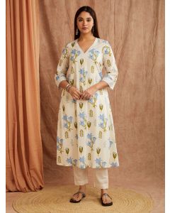 Ivory Blue Printed Cotton Kurta with Pants - Set of 2