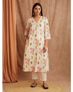 Ivory Pink Printed Cotton Kurta with Pants - Set of 2