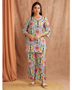 Multicolor Printed Cotton Kurta with Pants - Set of 2