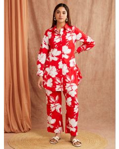 Red White Printed Cotton Co-ord Set - Set of 2