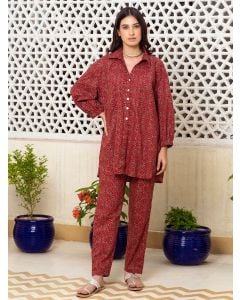 Maroon Hand Block Printed Cotton Co-ord Set- Set of 2