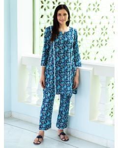 Blue Hand Block Printed Cotton Kurta with Pants- Set of 2