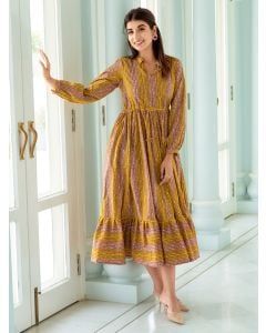 Mustard Yellow Hand Block Printed Cotton Dress
