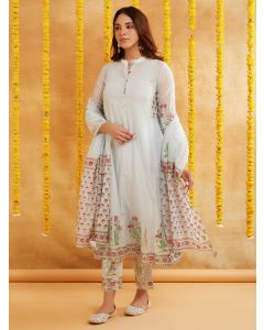 Light Blue Hand Block Printed Chanderi Dupatta