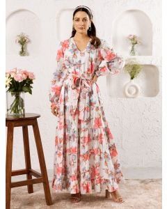 White Peach Hand Block Printed Cotton Dress with Belt