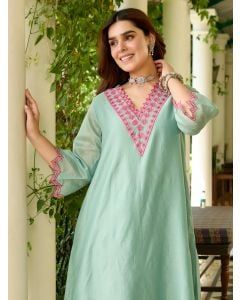 Blue Embroidered Viscose Chanderi Kurta with Pants- Set of 2