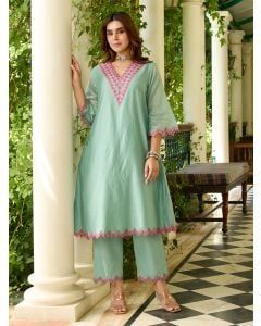 Blue Embroidered Viscose Chanderi Kurta with Pants- Set of 2