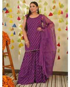Purple Bandhani Printed Modal Sharara Suit - Set of 3