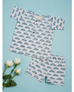 Blue Hand Block Printed Cotton Top with Shorts- Set of 2