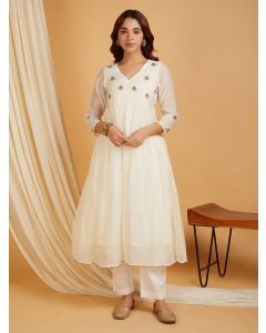 Ivory Hand Embroidered Chanderi Kurta with Pants- Set of 2